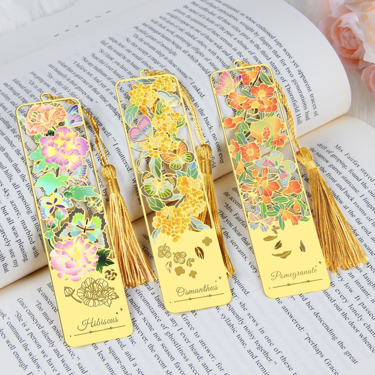 Flower Book Mark with Tassel for Reading Women, Pretty Cute Hollow Butterfly Book Markers for Women, Men, Kids, Teachers, Students, Reading Accessories Gifts for Book Lovers（3PCS-Styple A）