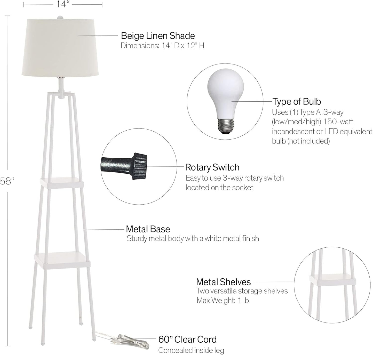 Catalina Lighting 19305-001 Modern Etagere Floor Lamp with Shelves, Standing Lamp, Living Room Light with Shelving, LED Bulb NOT Included, 58", White