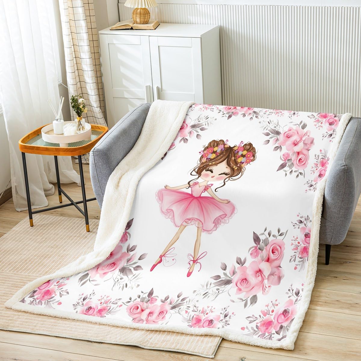 Girly Ballet Blanket for Girls - Kids Ballet Theme Decoration Throw Blanket with Cute Little Dancers Fleece Ballerina Design Fuzzy Pink Rose Print Sherpa Modern Trendy 50"X60"