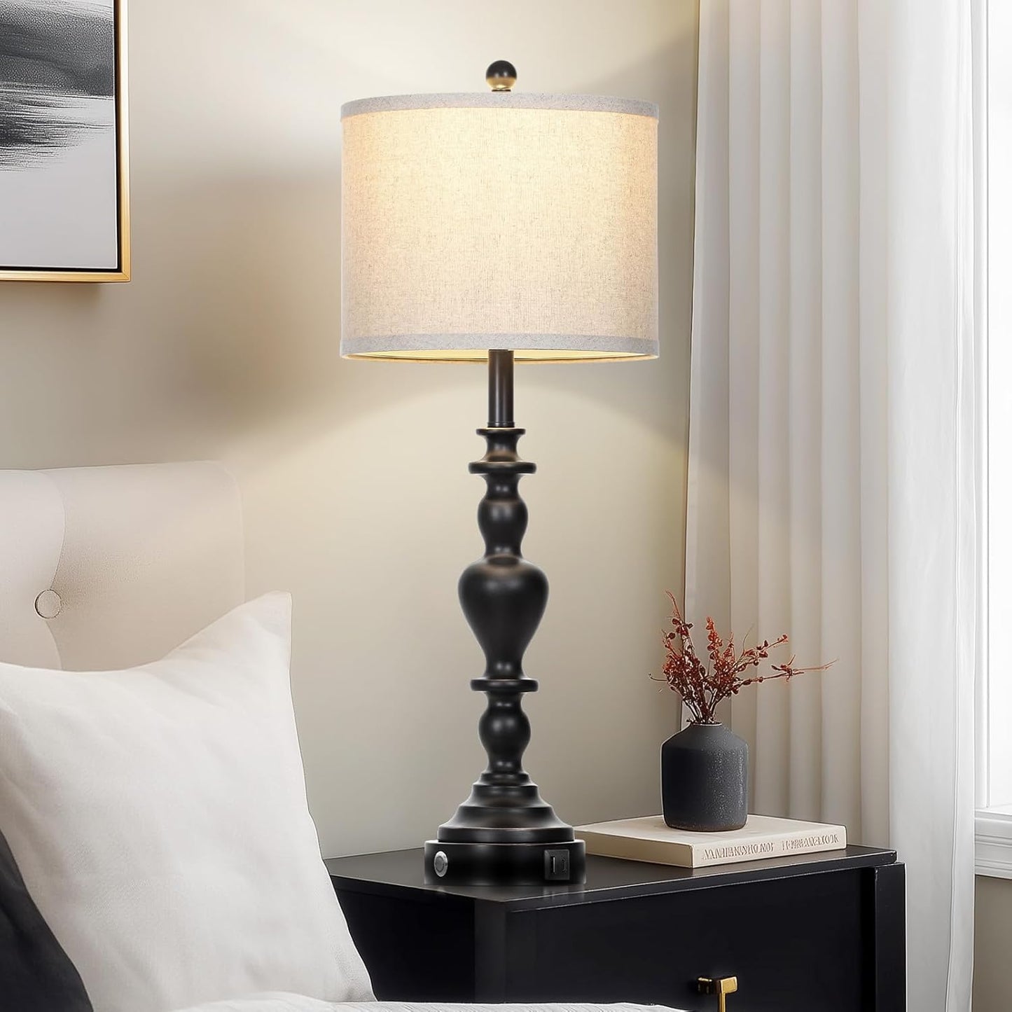 27" Vintage Table Lamps for Living Room Set of 2, Farmhouse Rustic Nightstand Lamps with USB C+A Ports, 3-Way Dimmable Bedside Lamp for Bedrooms Office Dorm, 2 LED Bulbs Included Washed Antique Black