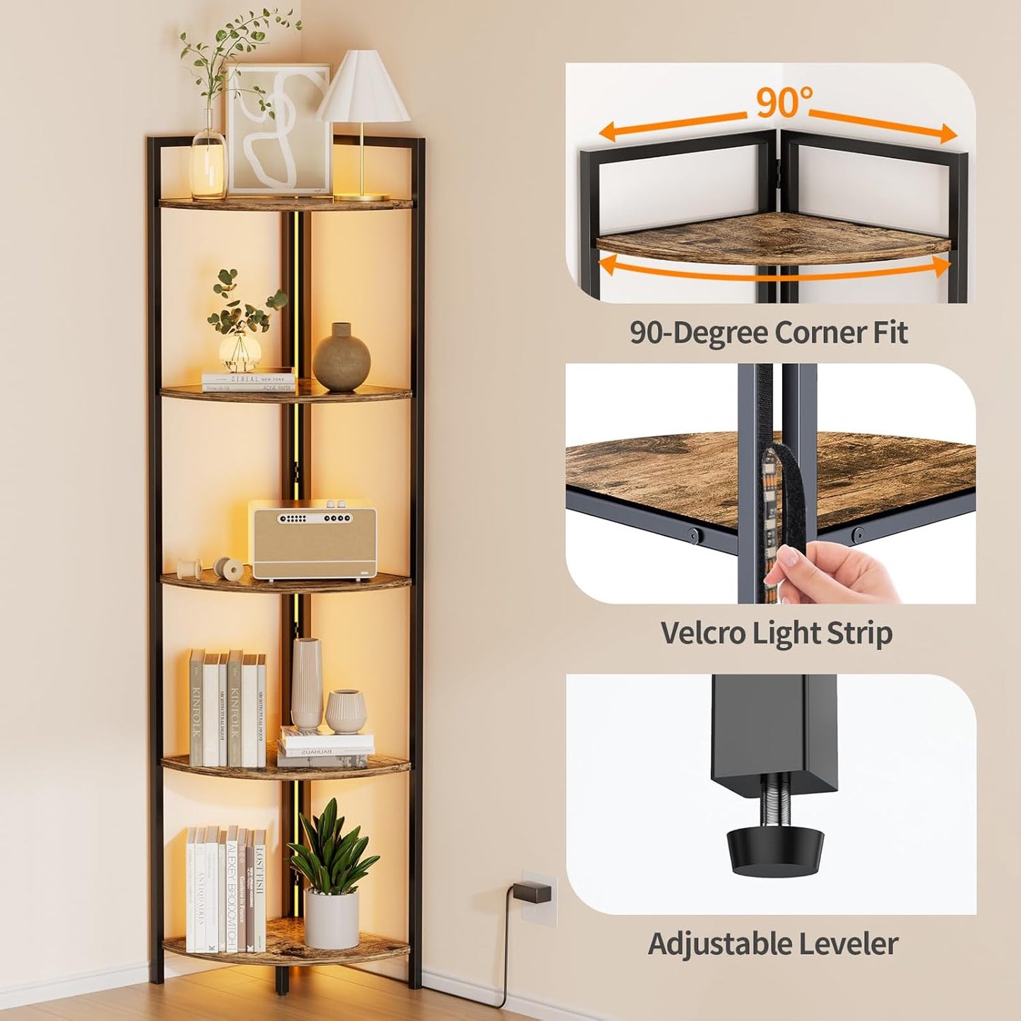 Heavy-Duty Corner Shelf, Retro Style with LED Light, 5-Tier Modern Corner Bookshelf, Wood and Metal Tall Corner Shelf, for Living Room, Office, Bedroom, Kitchen (Retro Brown)