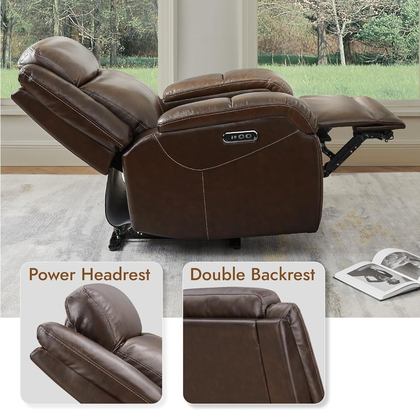 Modern Leather Power Recliner Chair, Breathable Leather with Power Headrest & Charging Ports, Adjustable Electric Recliner Sofa, Brown Comfortable Seating for Living Room