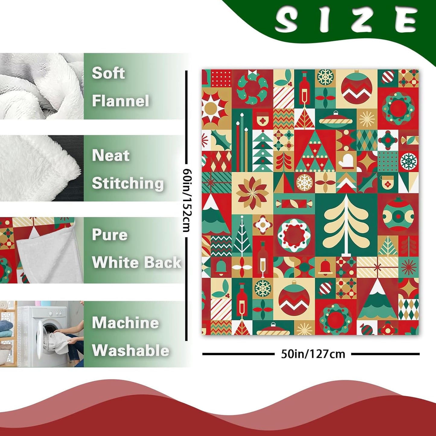 Christmas Geometric Flannel Throw Blanket, Colorful Xmas Tree Balls Wreath Birthday Gifts for Kids Men Women, Winter Holiday Soft Blankets for Bedding Sofa 50 x 60 Inches