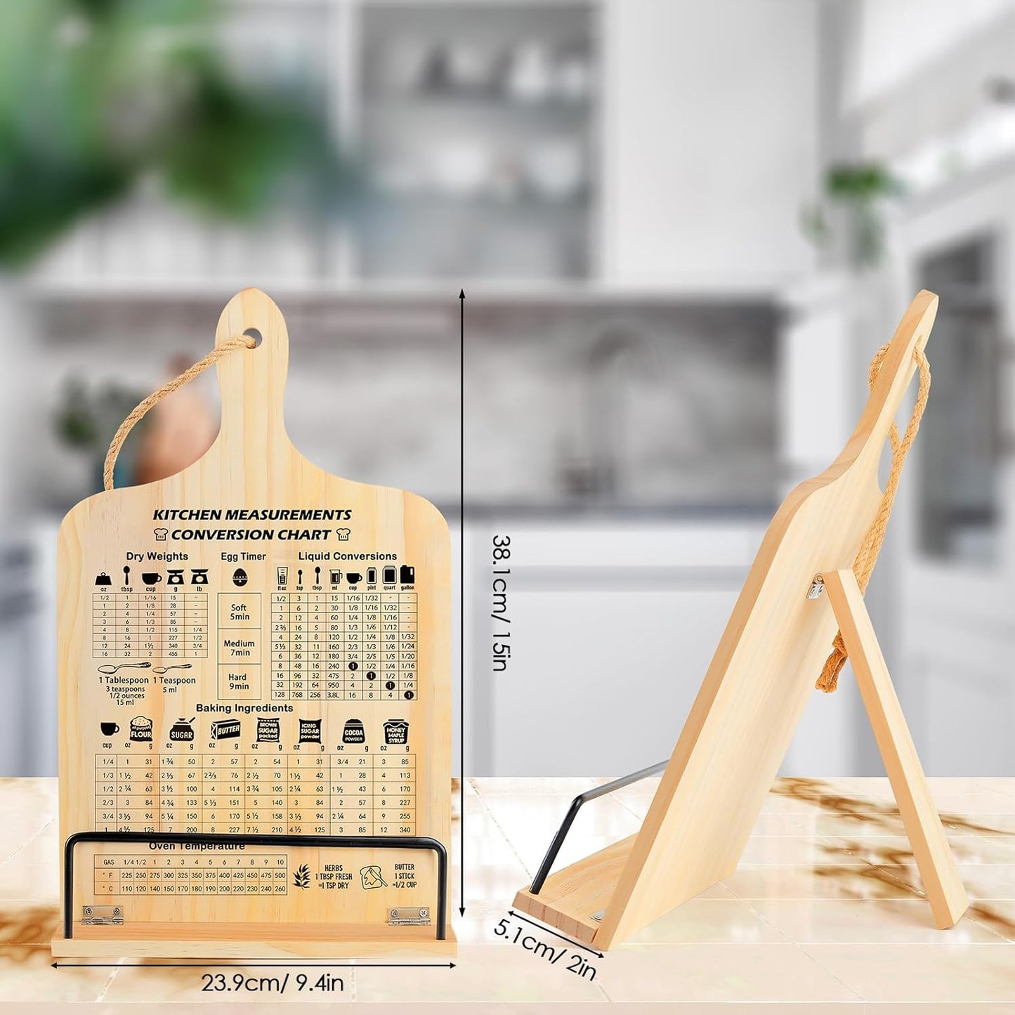 comfoyar Cookbook Stand for Kitchen Counter, Sturdy Recipe Book Holder with Adjustable Angle, Foldable Wood Cook Book Stand Holder with Measurement Conversion Chart for Baking, Easy Storage