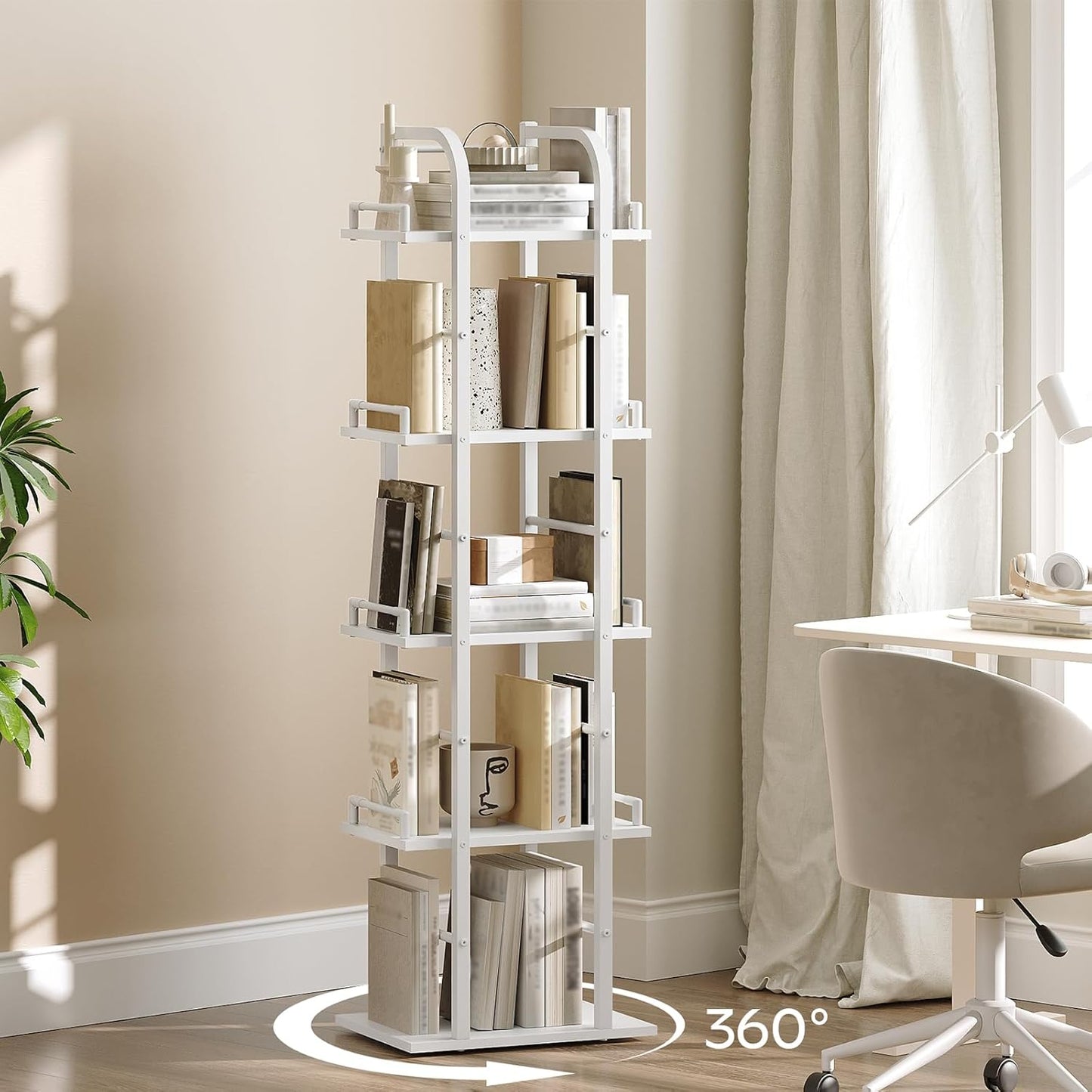 5 Tier Rotating Bookshelf, Freestanding Corner Bookshelf, 360 Spinning Bookcase Tower, Tall Industrial Style Organizer, Storage Shelf Bookcase for Living Room, Study, White SJ02WW