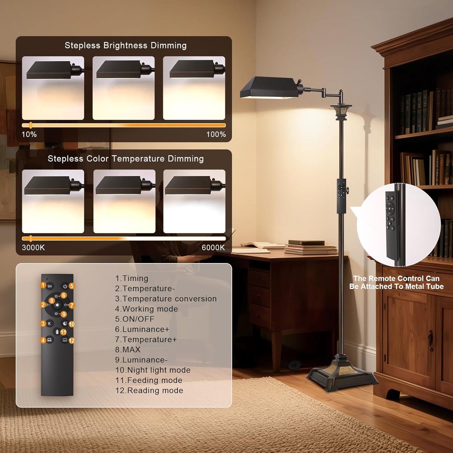 Scenekoy Adjustable Height Smart LED Floor Lamp for Living Room Bedroom, Remote Control Traditional 350º Swing Arm Standing Lamp with Swivel Metal Shade, Decor for Reading House Home Office
