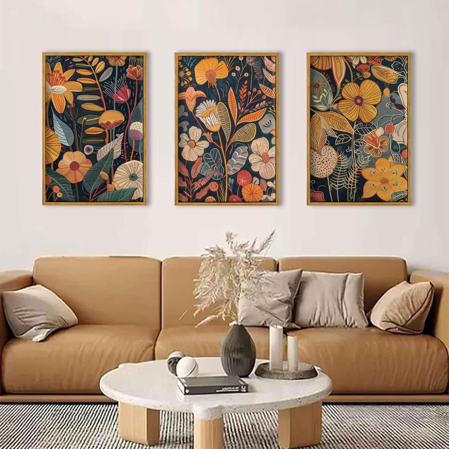 TBKHUDBI Framed Burnt Orange Floral Canvas Wall Art,Mid Century Modern Wall Decor,Boho Terracotta Flower Picture Prints Poster Painting Artwork Set Of 3 For Living Room Bedroom Office 16"x24"