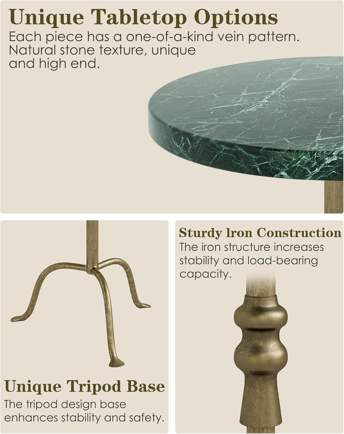 Adjustable Height Round Pedestal Table - 22-30 Inch, Modern Martini Cocktail End Table with Natural Travertine Top & Antique Brass Base for Small Spaces Living Room, Bedroom (Green Marble)