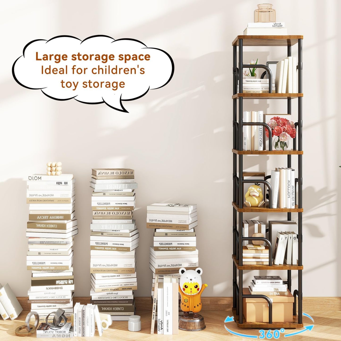 IBUYKE 6 Tier Square Rotating Bookshelf, 360° Spinning Bookcases Tower,Freestanding Corner Bookshelf with Rails,Industrial Swivel Bookcase Organizer for Bedroom, Living Room,Study,Brown,UTBC005H