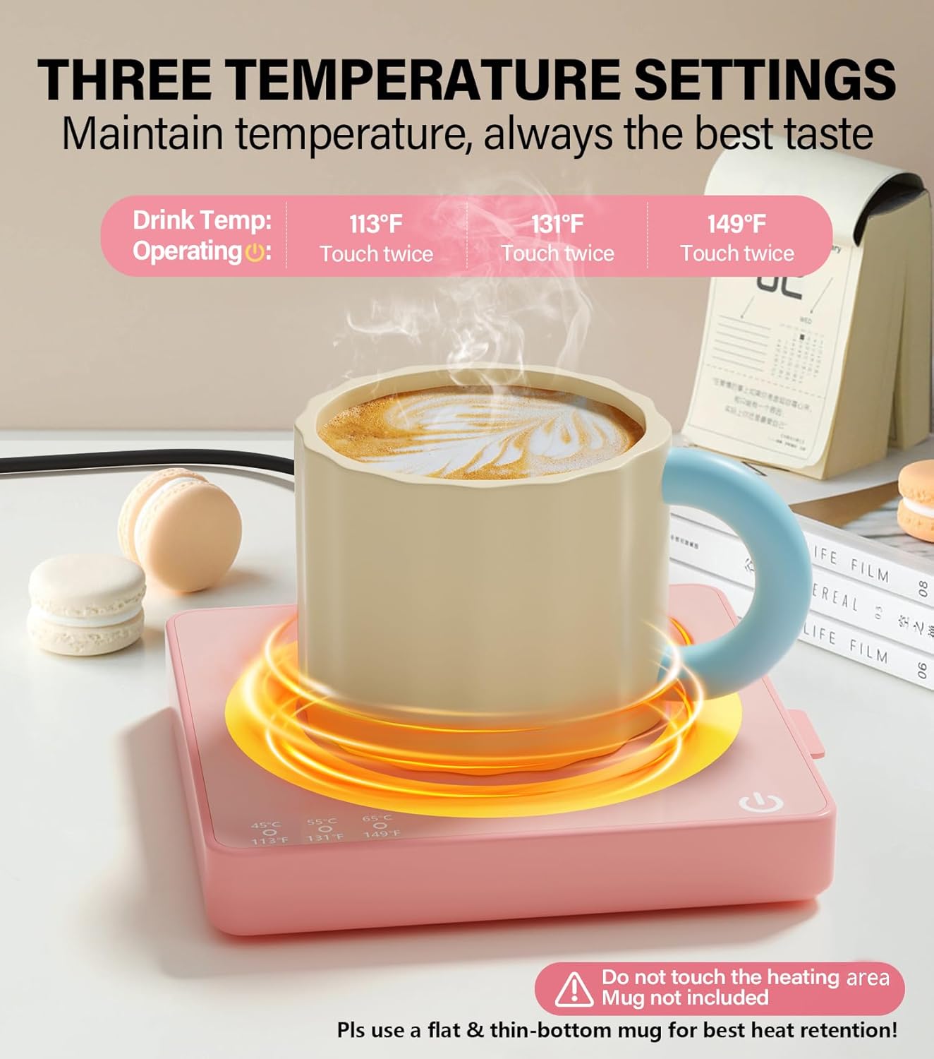 Coffee Mug Warmer for Desk with 15W Wireless Charging Pad, Electric Cup Warmer 3 Temp Settings, Smart Candle Heat Plate, Home Office & Coffee Lover Gifts for Women Valentine's Day Gift for Her, Pink