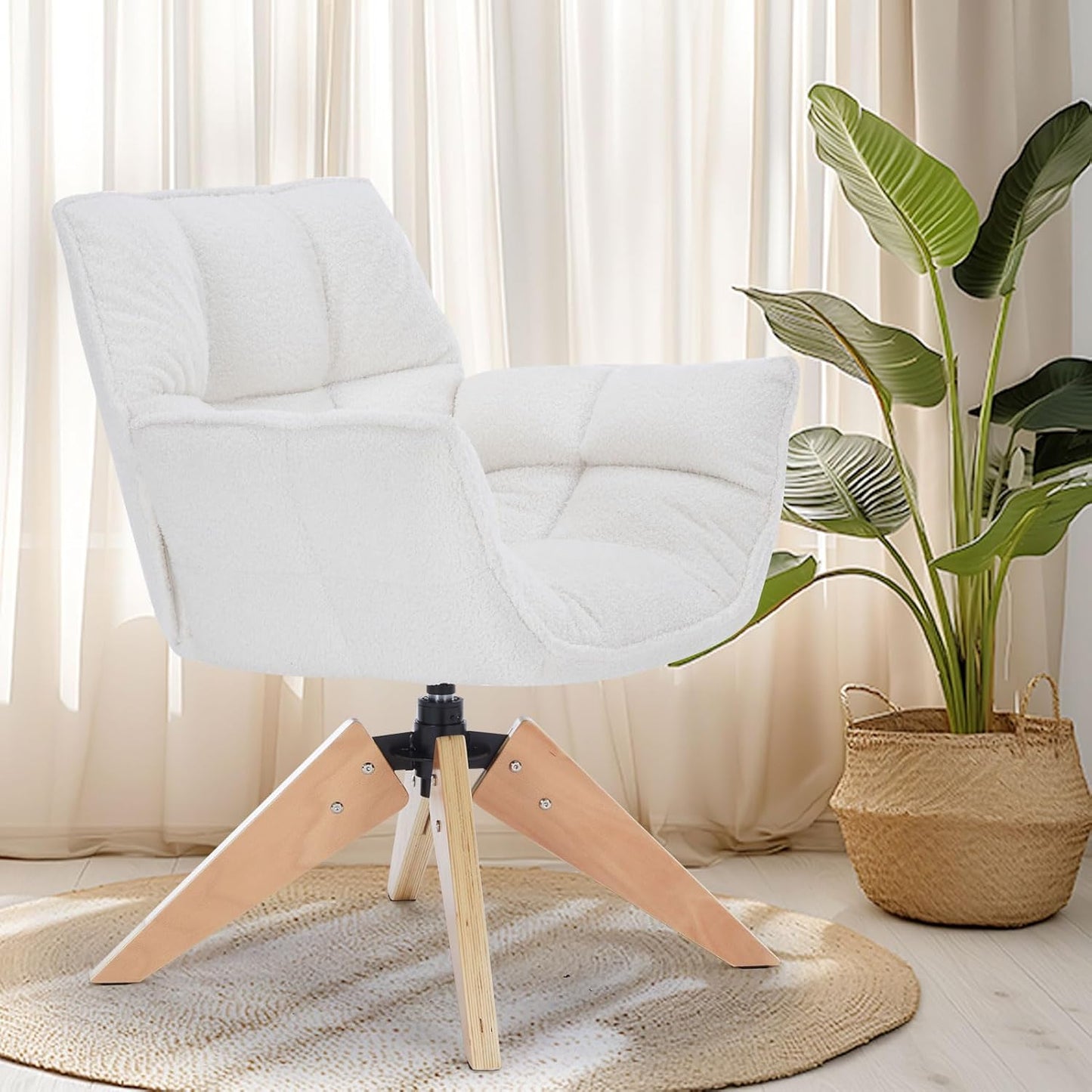 Mid Century Accent Chair, Lambs Wool Vanity Chair Modern Cozy Desk Chair no Wheels with Amrest, Wood Legs for Living Room, Reading Room, Bedroom, White Lambwool