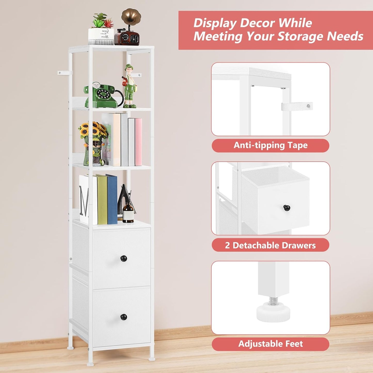 smusei Bathroom Storage Cabinet 55.9'' Tall Bathroom Storage Floor Cabinet with 2 Drawers and Shelves, Slim Corner Cabinet Narrow Bathroom Organizer Rack for Living Room, Kitchen, White