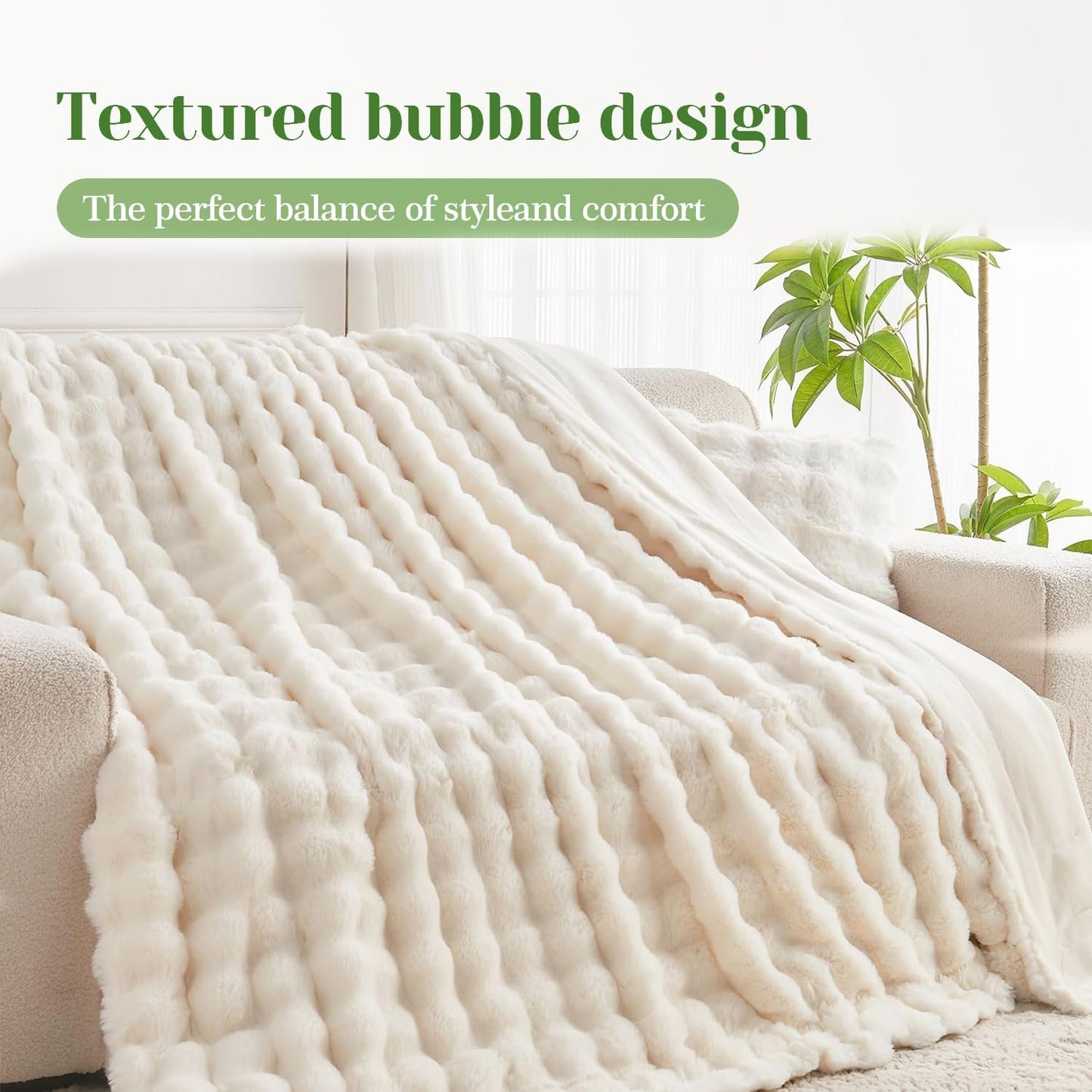 Faux Fur Throw Blanket, Gifts for Women Men, 50x60 Inches Soft Bubble Rabbit Fuzzy Blanket for Bed, Living Room, Plush Cozy & Fluffy Fall Blankets - Cream White