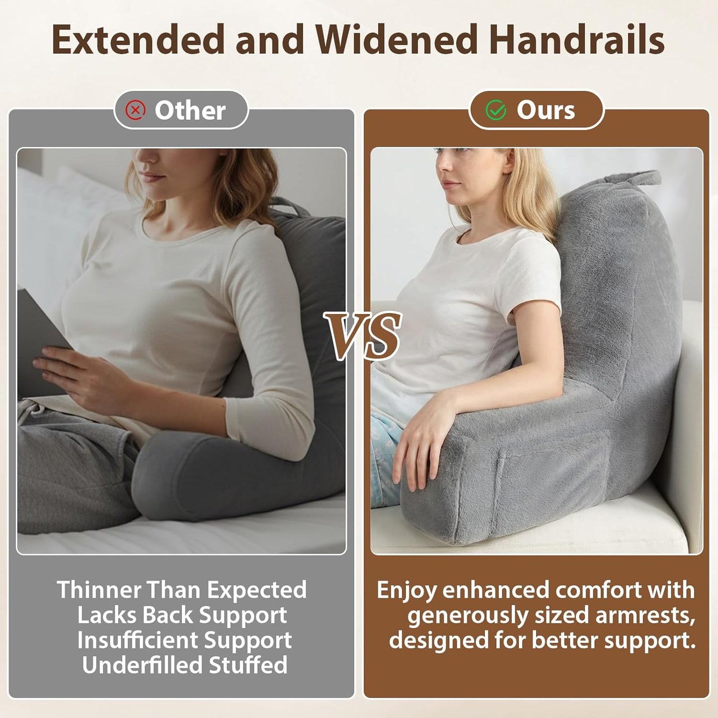 Quilmfoam Reading Pillow for Sitting in Bed Adult – Backrest Pillow with Arms, Back Support Cushion for Reading, TV, Gaming & Working, Includes Pockets and Removable Washable Cover