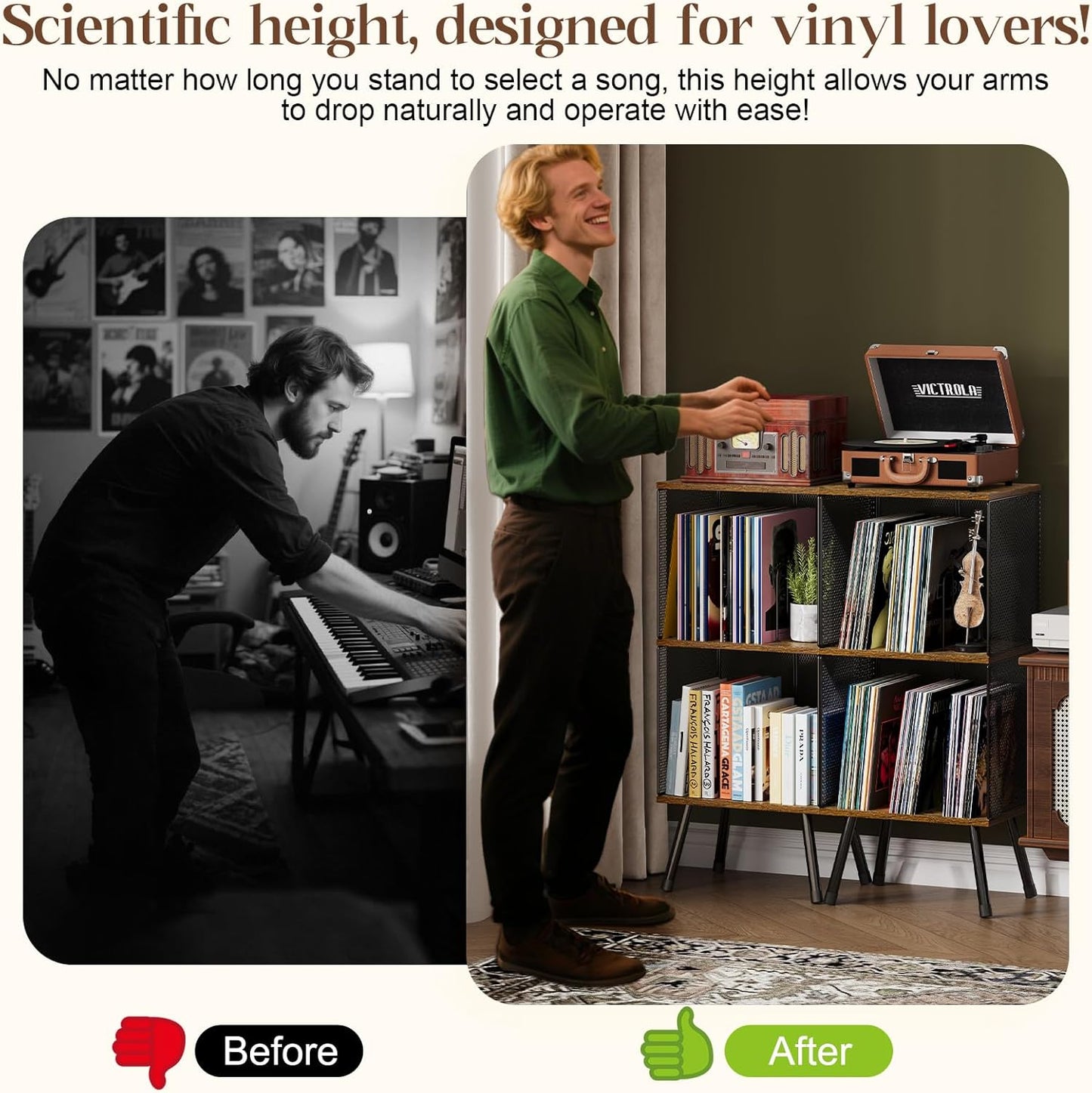 X-cosrack 3-Tier Record Player Stand, Turntable Stand with Storage up to 200 Albums, Corner Vinyl Record Holder with Adjustable Divider, Mid-Century Record Table Vinyl Storage for Bedroom Living Room