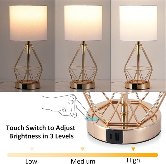 Gold Bedroom Lamps Set of 2, 3 Way Dimmable Touch Table Lamp with USB A+ C Port, Modern Small Lamp for Nightstand with Fabric Shade, Brass Bedside Lamp for Bedroom Living Room, 2 LED Bulbs Included