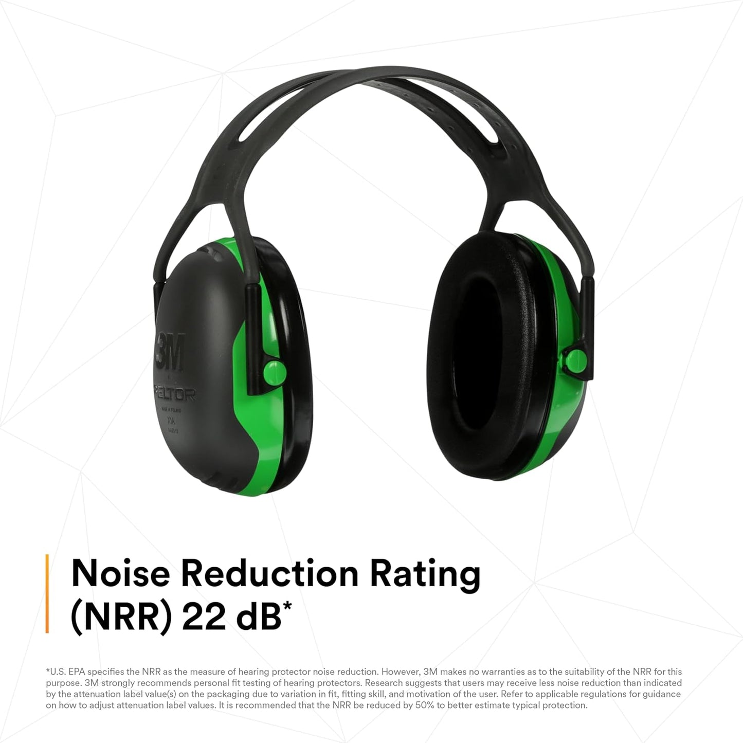 3M PELTOR Ear Muff Hearing Protection, Over-the-Head, X Series X1A, NRR 22 dB, Lightweight, 1 Pair, Construction, Manufacturing, Maintenance, Automotive, Woodworking, Green/Black