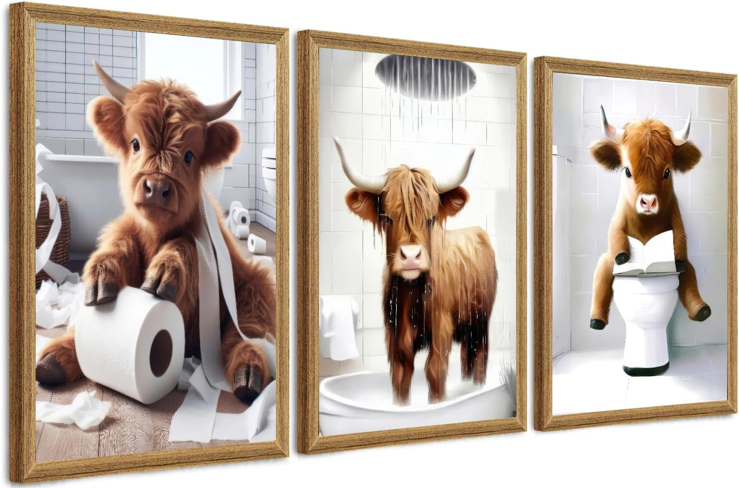 FYLDPSB 3Pcs Framed Little Highland Cow Bathroom Canvas Wall Art, Funny Signs Animal Wall Decor, Rustic Cute Poster Prints for Bathroom Restroom Decor 24''L x 16''W
