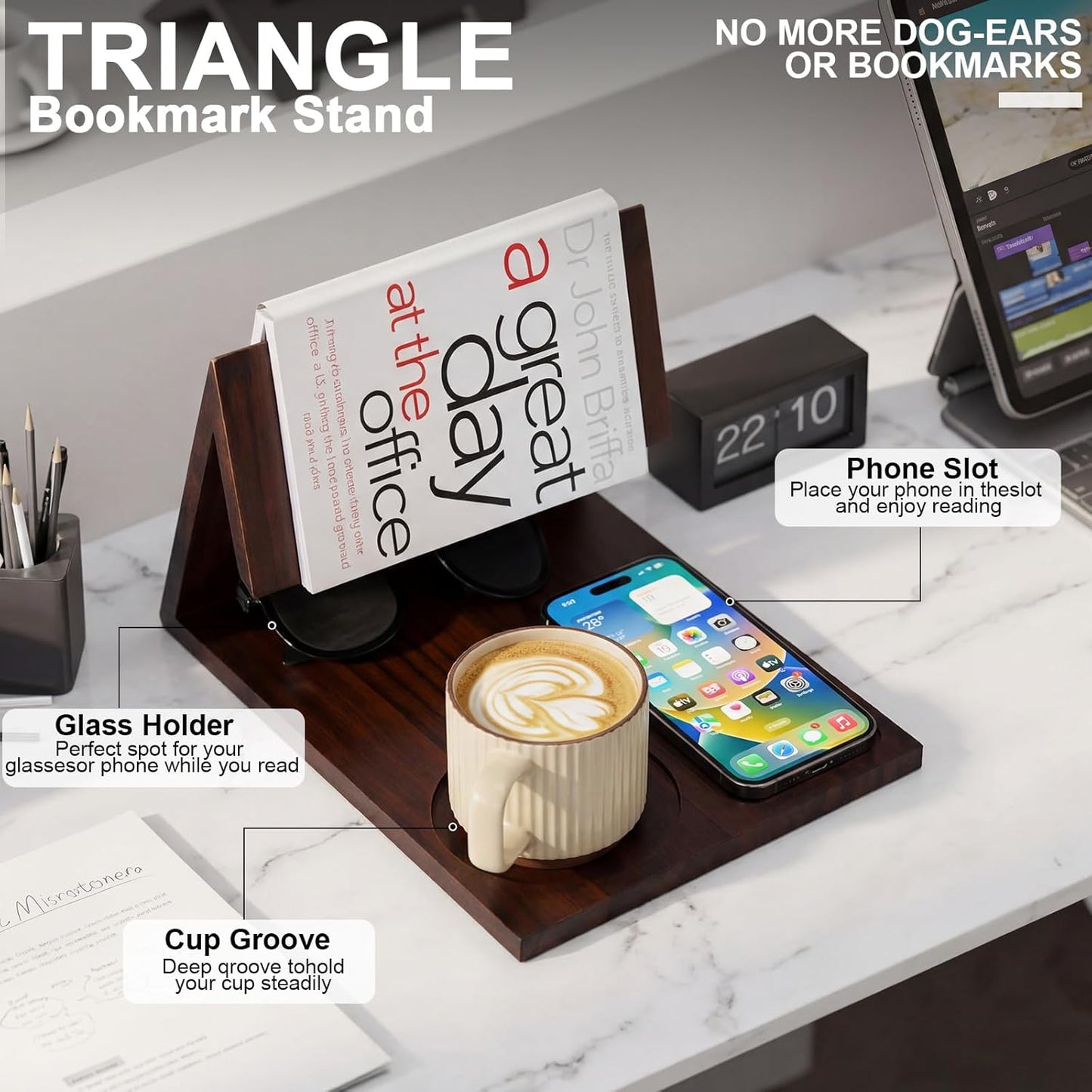 Triangle Book Holder Triangle Wooden Bookholder with Cup Stand Phone Glasses Holder Acacia Reading Valet Bookholder for Bedroom, Nightstand or Office Desk, Home Library, Gift for Book Lover