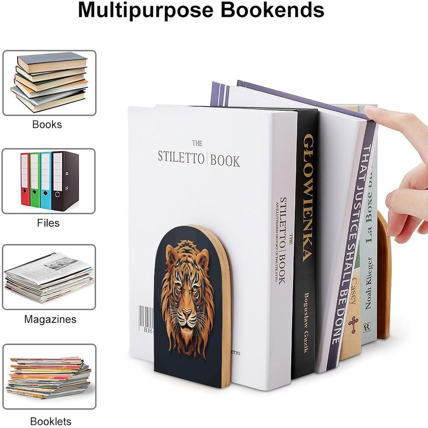 New Year Tiger Logo Design Bookends 1 Pair Heavy Duty Book Ends for Shelves Non-Skid Bookend Supports Wooden Book Holders with Metal Base Desk Organizers Books Storage to Hold Books