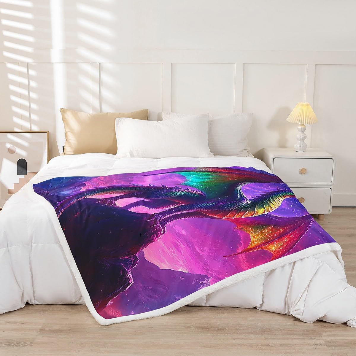 Feelyou Dragon Sherpa Blanket Twin 60"x80" Kids Red Rose Dragon Fleece Throw Blanket Chinese Traditional Culture Plush Blanket Galaxy Dragon Purple Fuzzy Blanket