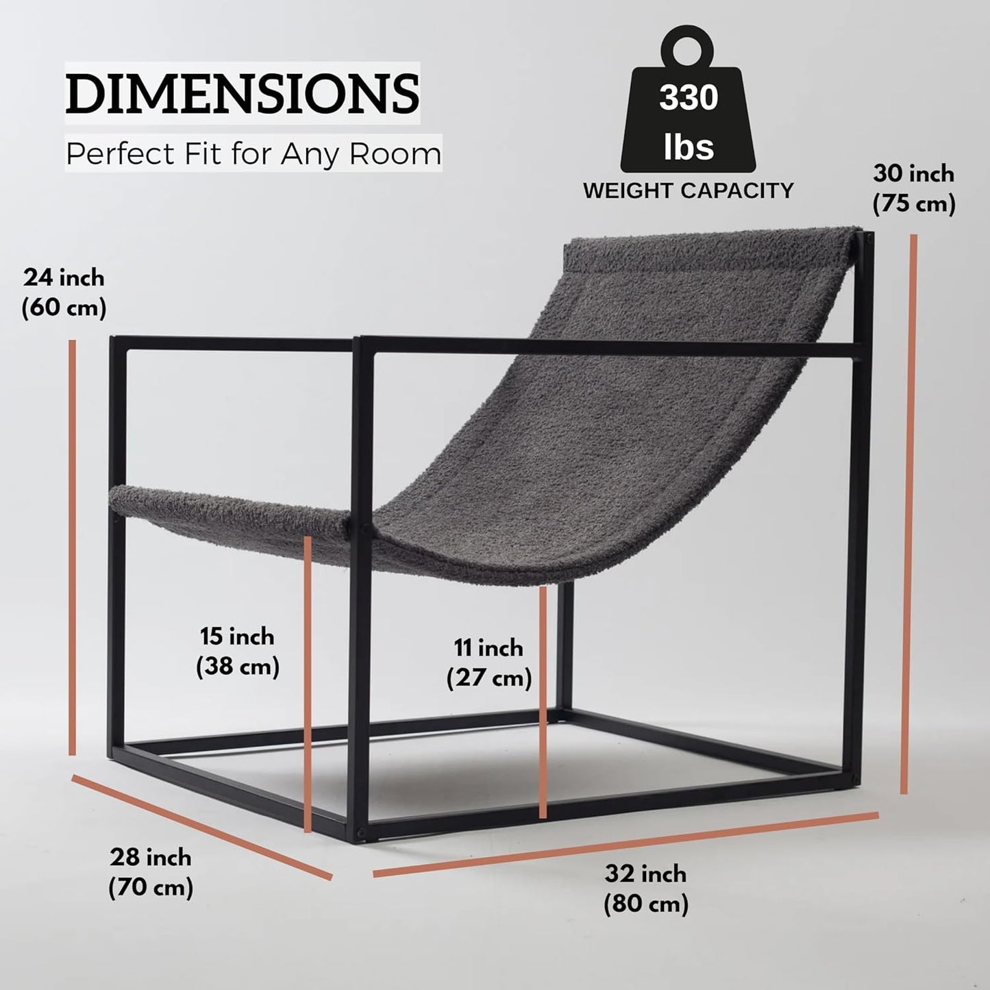 Modern Designer Luxury Boucle Accent Chair with Metal Cube Frame - Minimalist Cozy Lounge Armchair - Relaxing Lazy Hammock Style (Anthracite)
