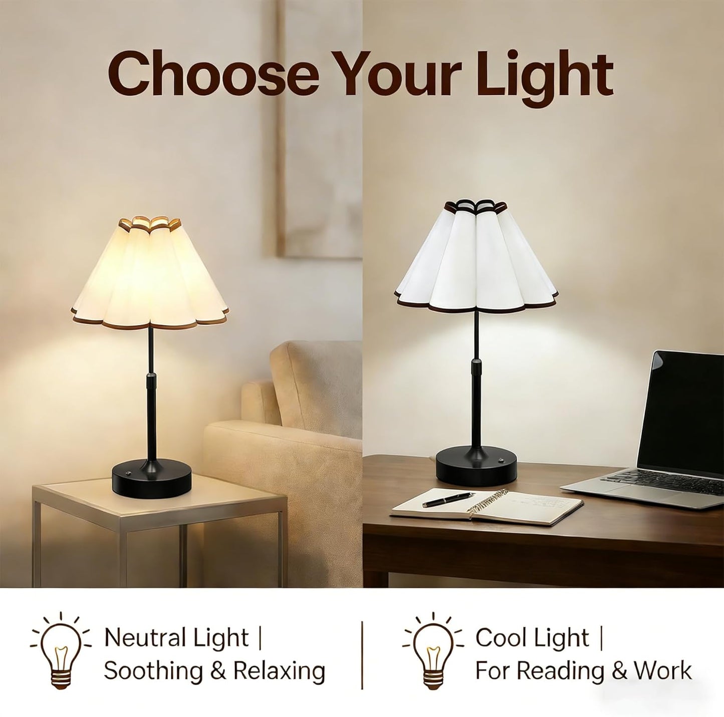 Flower Table Lamp, Cordless & Rechargeable with 5200mAh Battery, 3-Color Temperature Touch Control for Reading, Vintage Style Bedside Lamp, 14Hrs Portable Night Light for Bedroom, Home Decor (Black)