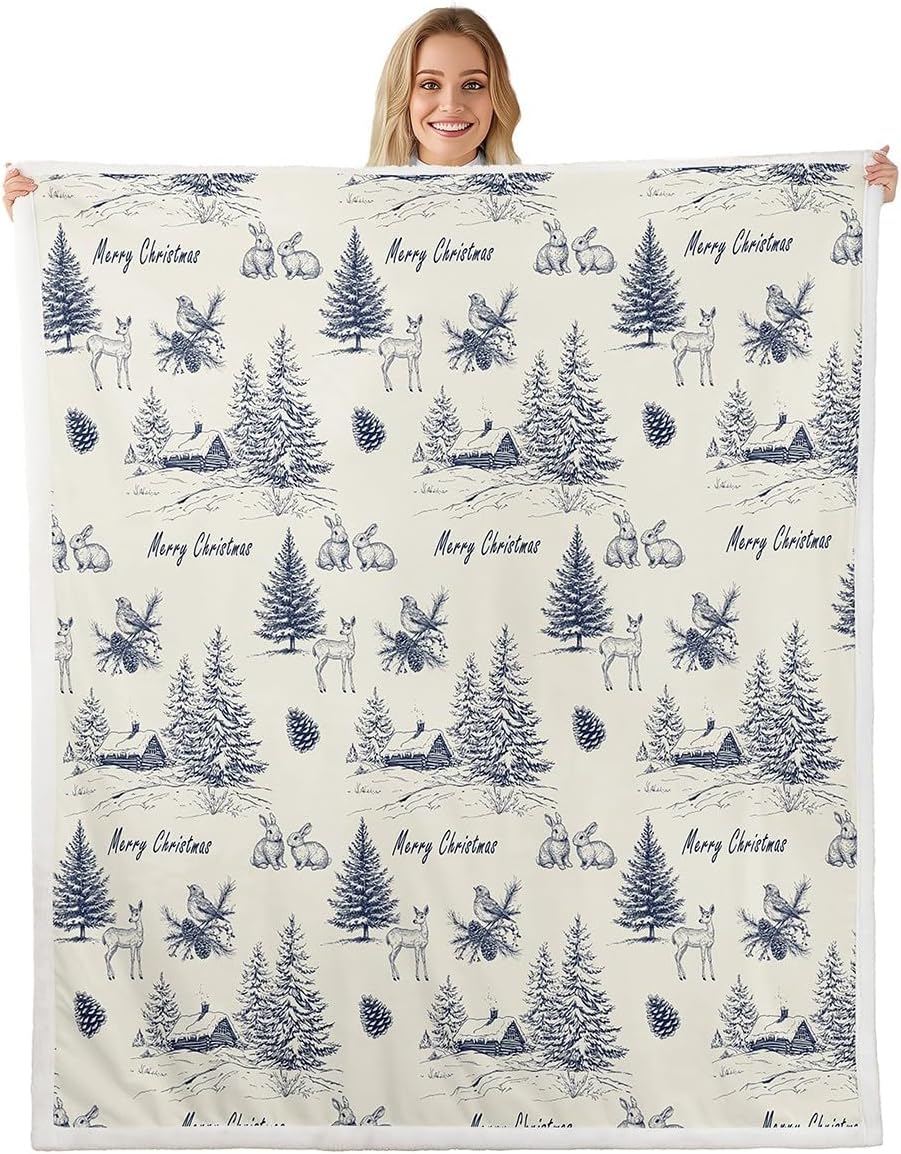 Erosebridal Navy Blue Christmas Throw Blanket Throw Size, Winter Village Blanket for Kids Adults, Christmas Tree Reindeer Pattern Fleece Blanket, Xmas Holiday Theme Sherpa Blanket