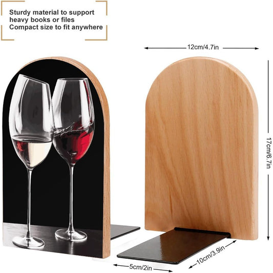 Red Wine Glasses Wooden Bookend Non-Slip Book Ends Heavy Duty Book Stopper with Metal Base Books Holderd Decorative Bookends Stands Firmly for Office Supplies