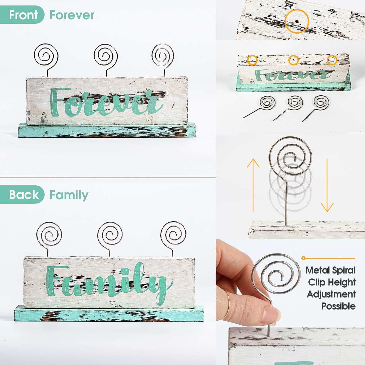 JACKCUBE Design Multi-Photo Display Boho Tabletop Decor Wooden Double Side Memos, Cards, Gallery Display Block with 3 Wire Clips, Desktop Freestanding Polaroid Picture Frame Decoration- MK678A