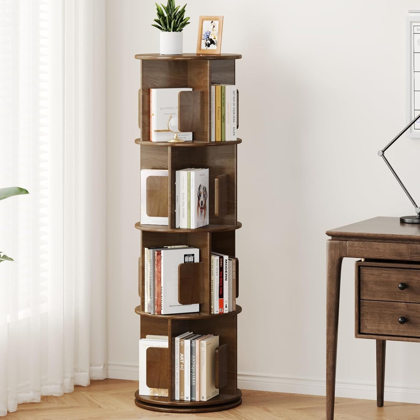 Uniclinens Wooden Rotating Bookshelf Tower 4-Tier, 360 Display Spinning Bookcase, Narrow Revolving Book Shelf Organizer for Kids&Adults, Round Bookshelves Floor Standing Storage Rack, Walnut