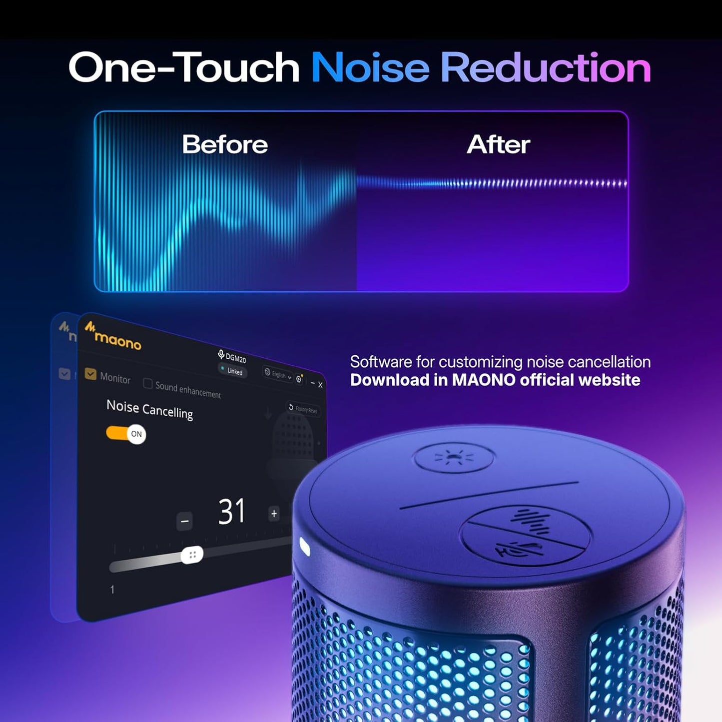 MAONO Gaming USB Microphone, Noise Cancellation Condenser Mic with Mute, Gain, Monitoring, Boom Arm Mic for Streaming, Podcast, Twitch, YouTube, Discord, PC, Computer, PS4, PS5, Mac, GamerWave DGM20S