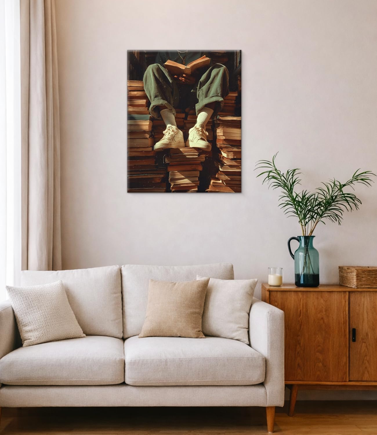 Black Man Reading Wall Art Print - Bookish Man on Books Canvas Poster Painting - Book Lover Gifts Wall Decor for Home Reading Nook Study 8x10 Inch Framed