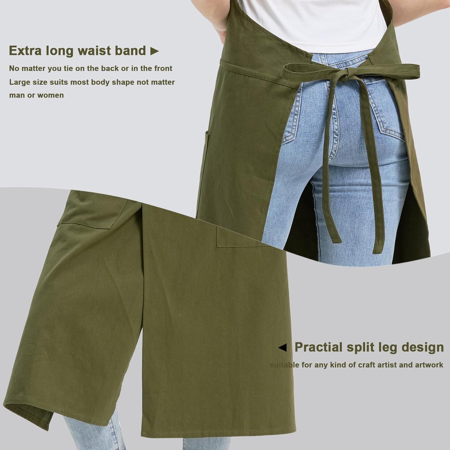 Molaxhome Split Apron with 3 Pockets,Unisex Pottery Apron with Adjustable Strap for Kitchen Ceramics