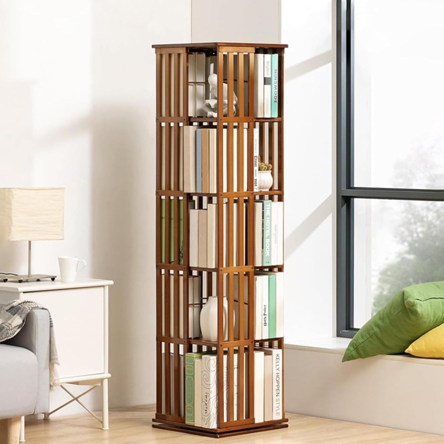 Corner Bookshelf, Rotating Bookcase, Multilayer Display Shelf, Spinning Bookshelf Tower, Floor Standing Book Shelf, for Bedroom, Living Room, Home, Office, Corner(Brown,149cm)