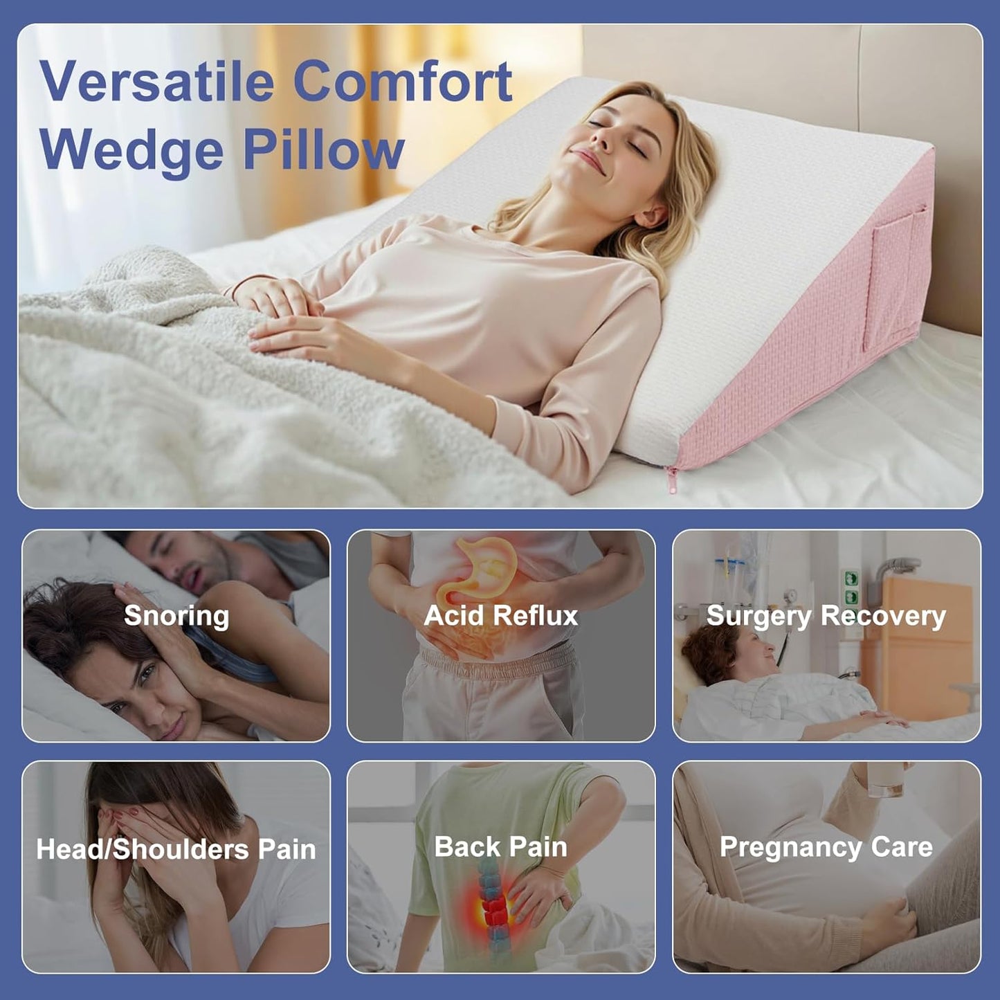 Wedge Pillow for Headboard, 7.5’’ Triangle Elevated Bed Wedge Pillow for Acid Reflux Relief, Sleeping, Post Surgery, Back Pain Relief, Snoring, Soft Memory Foam Top & Washable Breathable Cover, Pink