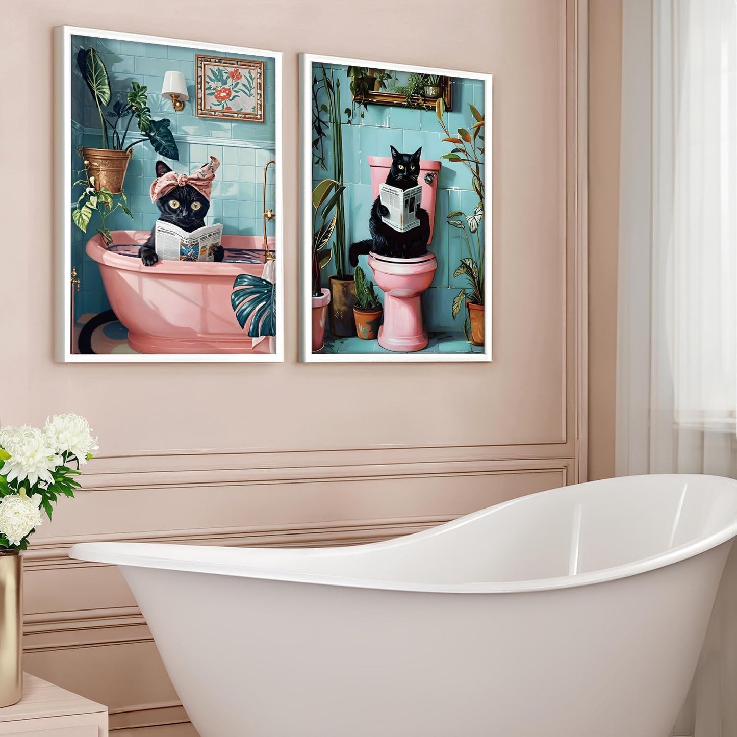 2 Pcs Cute Black Cat Bathroom Wall Art Funny Cat Reading Newspaper Paintings Pictures Wall Decor Pink Animal Plant Posters Prints for Bathroom Toilet Decorations Unframed 16x24 Inch
