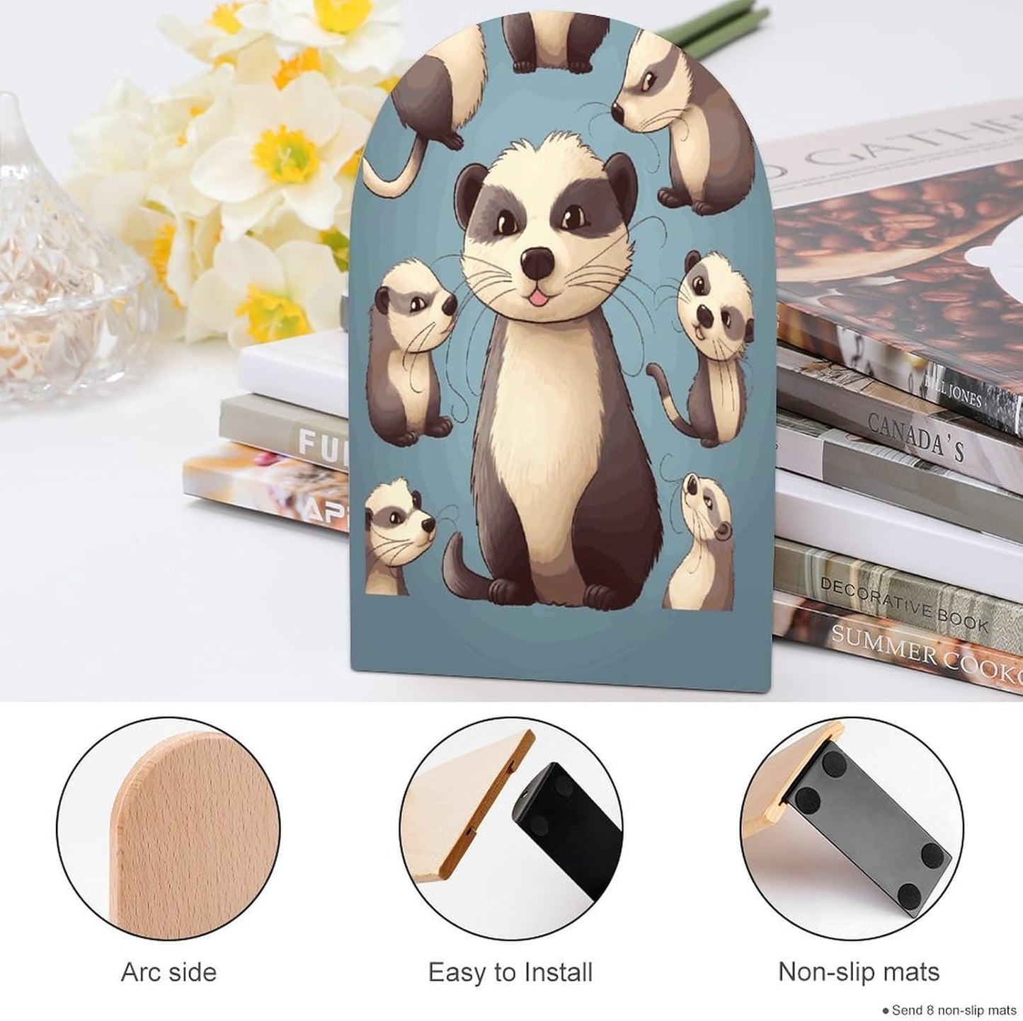 Hairy Ferret Bookend for Shelves Wooden Book End Large Size Sturdy Book Holders Stoppers with Metal Base for Bookshelves Slick Decorative Bookends Stands