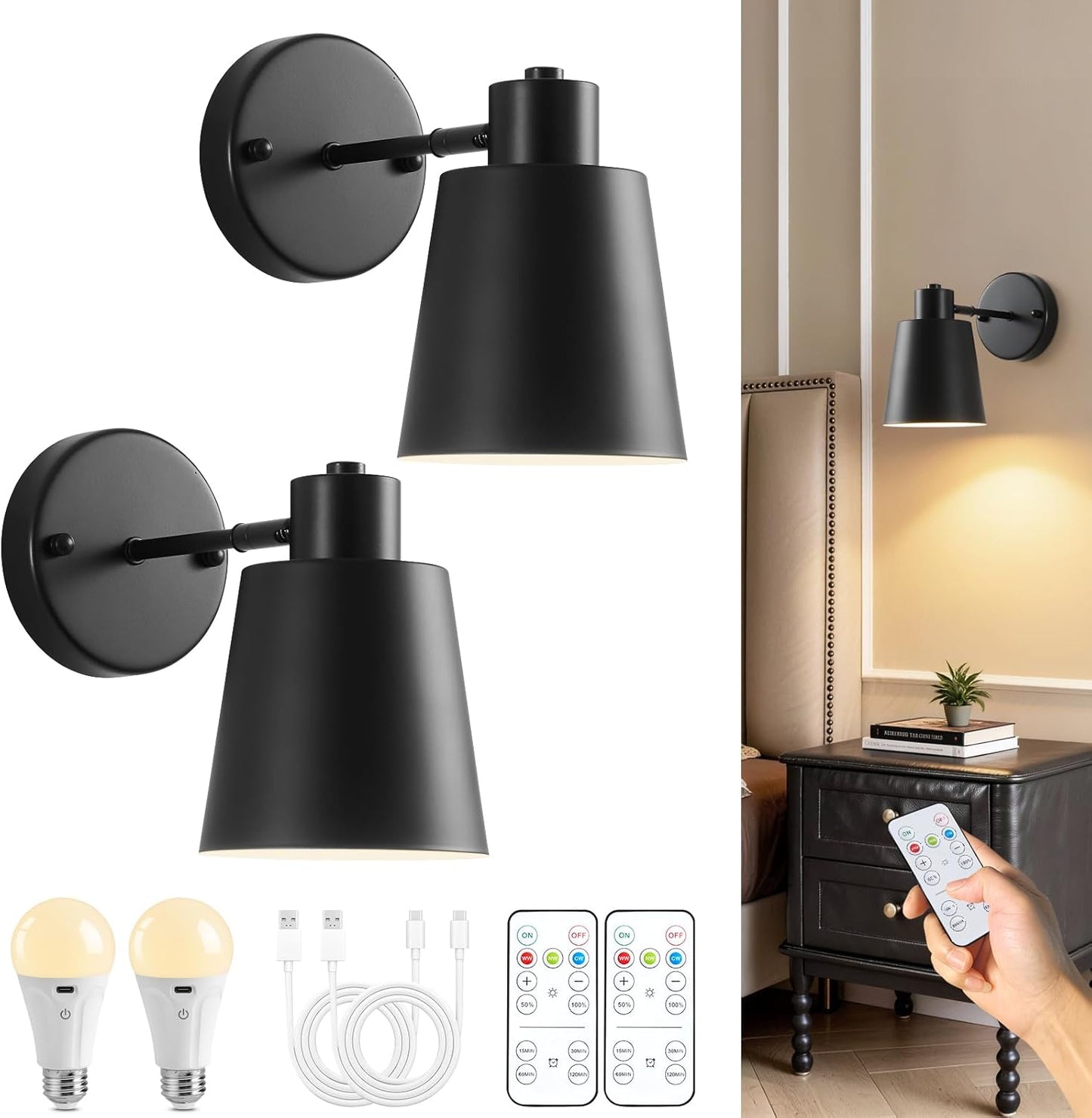 Black Battery Operated Wall Sconces Set of Two with Remote, Rechargeable Battery Powered Wall Lights, 3 Color Temperature, Dimmable, Modern Wireless Wall Lamps for Bedroom Living Room Hallway