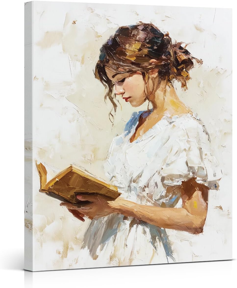 Vintage Reading Woman Wall Art Elegant Woman Canvas Print Poster Bookish Wall Decor for Home Reading Nook Living Room 11x15 Inch Framed