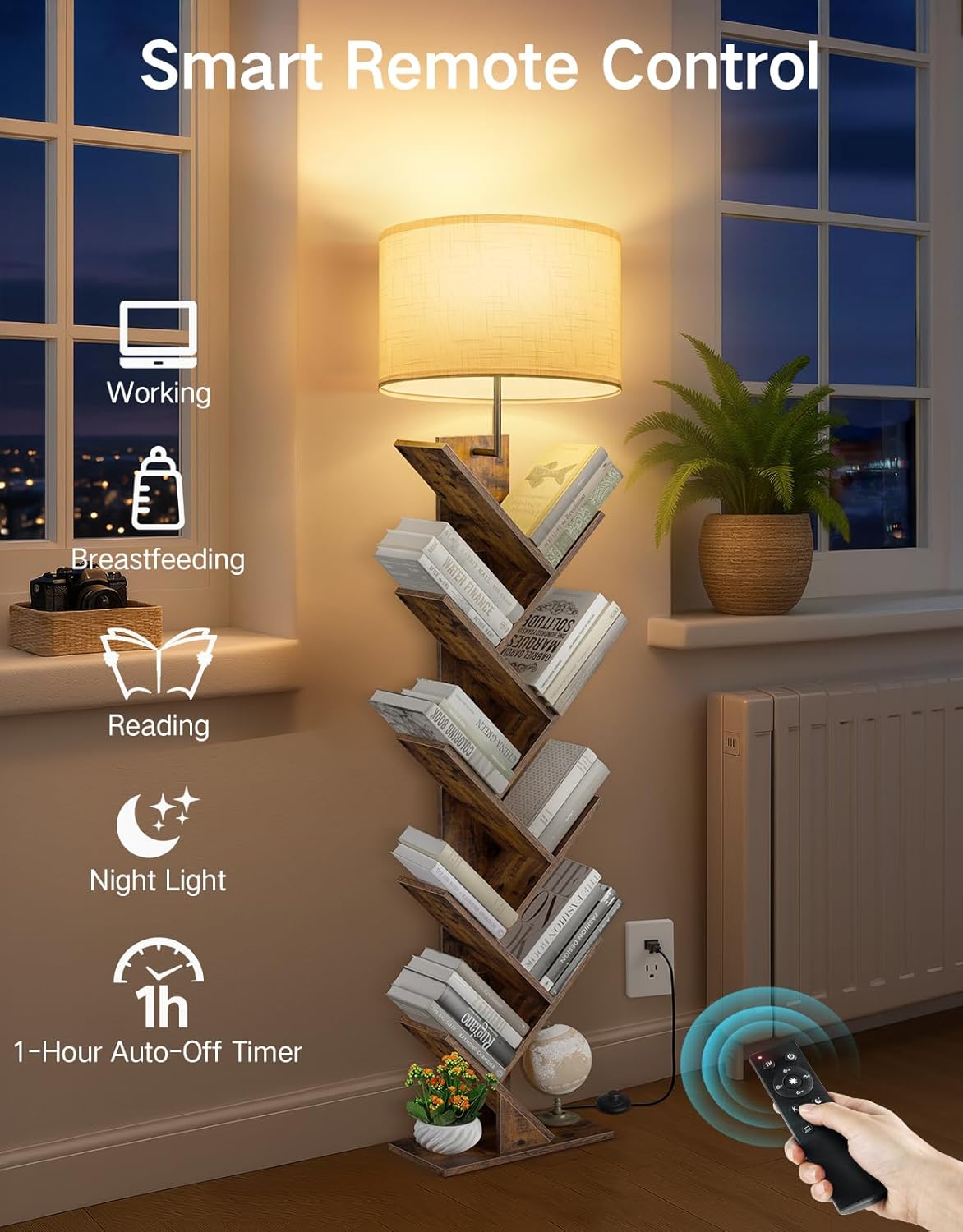 9 Tier Tree Bookshelf with Light, Remote & Timer, Modern Tall Floor Standing Book Shelf, Narrow Wood Bookcase, Small Book Organizer Shelves for Living Room, Bedroom, Office