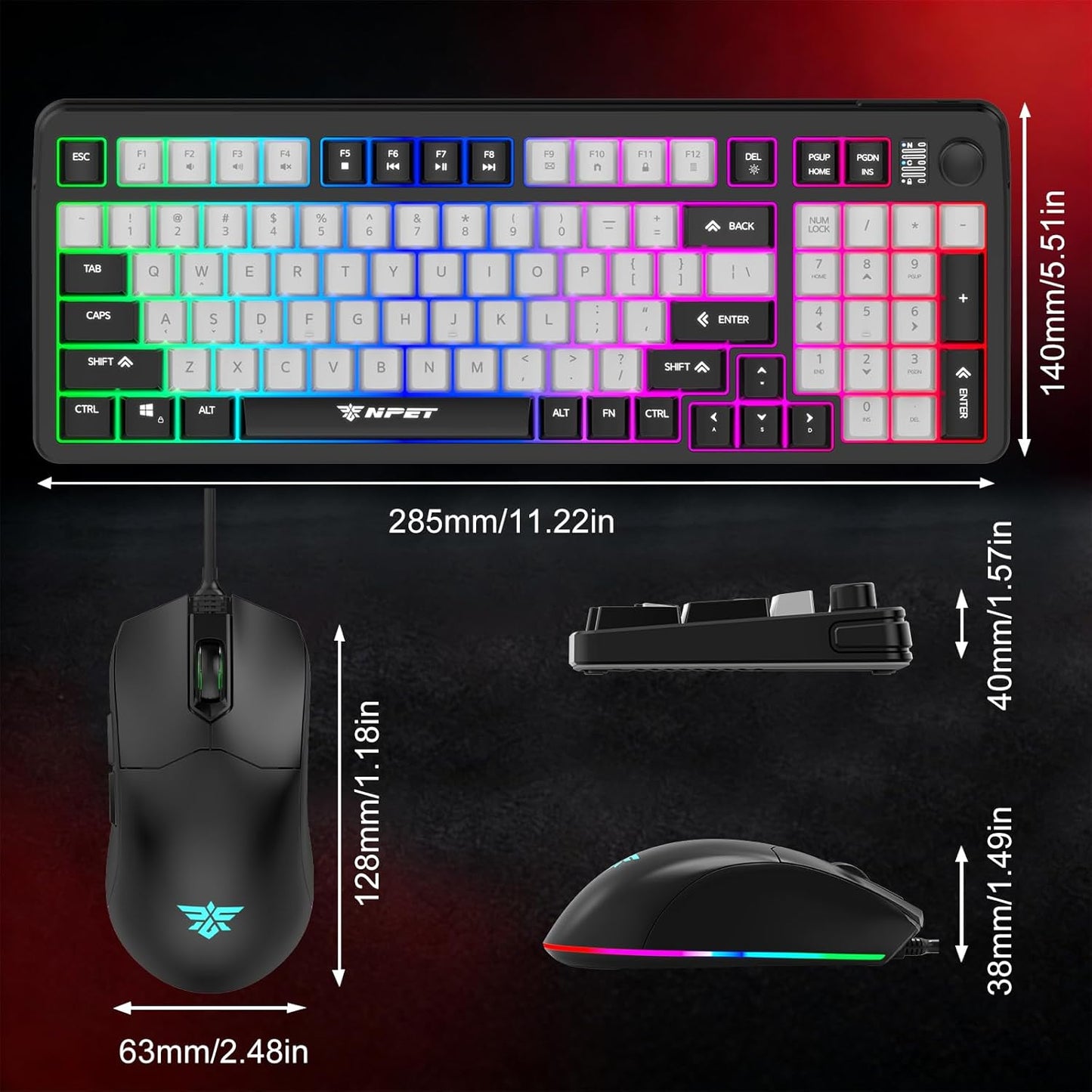 NPET Wired Keyboard and Mouse Combo, 98 Keys Mechanical Feel Quiet Membrane Keyboard with Knob, Double-Shot Keycaps, Spill-Resistant, 26-Key Rollover, RGB Backlight for PC/Mac Gamers