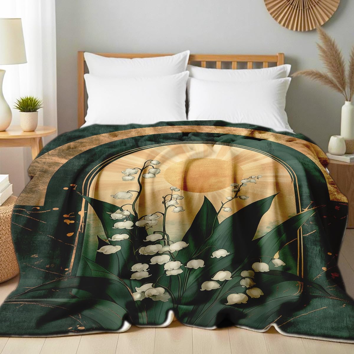 White Floral Blanket Lily of The Valley Print Throw Wildflower Blanket Queen Size Flowers Flannel Bedding Couch Sofa Bed Living Room Decor 49"x59"