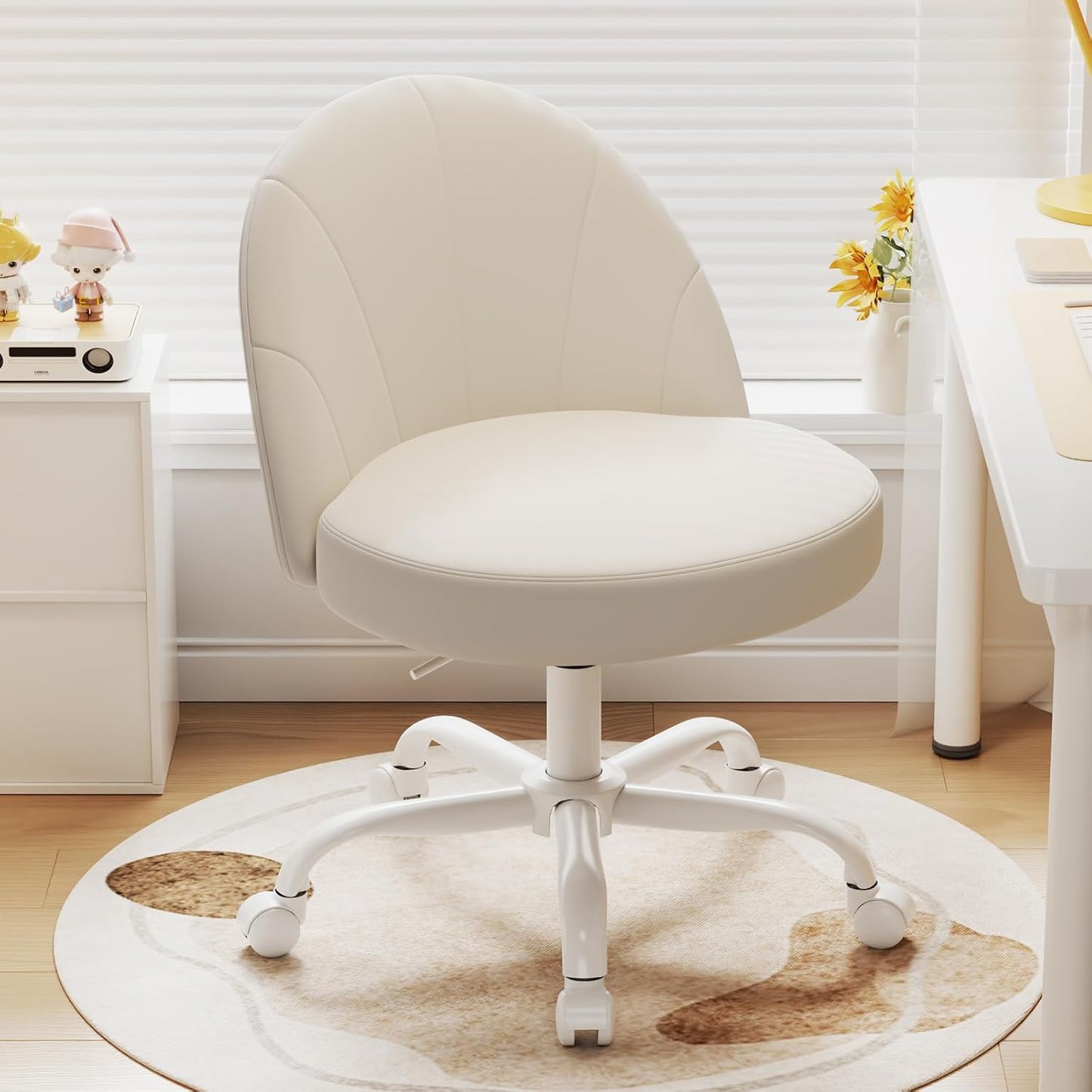 Velvet Vanity Chair with Wheels, Height Adjustable Swivel Makeup Chair, Armless Small Desk Chair for Bedroom/Office/Vanity Table, 250 lbs Capacity (Velvet, White)