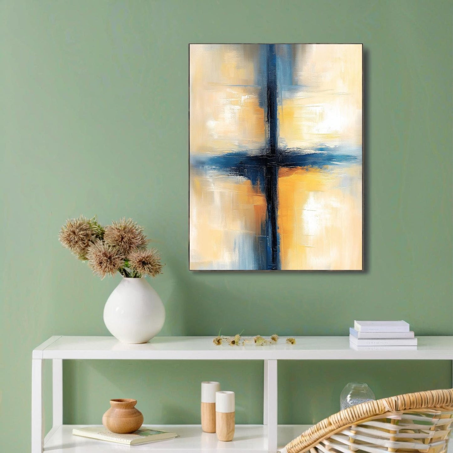 GDJSMIN Modern Abstract Painting Wall Art, Beige Blue Cross Poster For Reading Room Living Room Decor 12X 16 Inch Unframed
