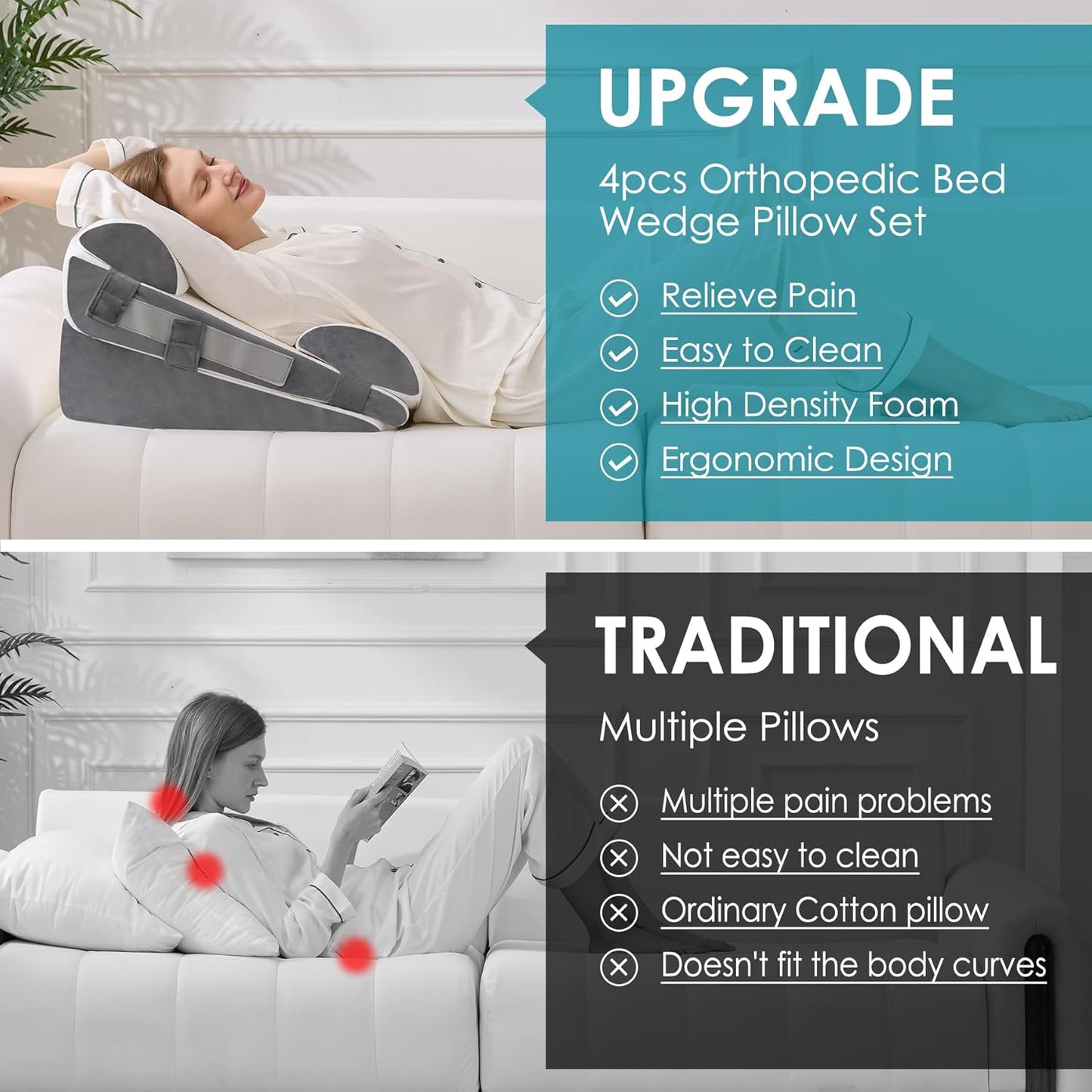 4Pcs Wedge Pillow Set for After Surgery,Acid Reflux Relief, Adjustable Bed Wedge Pillows for Sleeping,Anti Snore, Memory Foam Triangle Pillow for Back&Neck&Shoulder Pain Relief, White&Grey