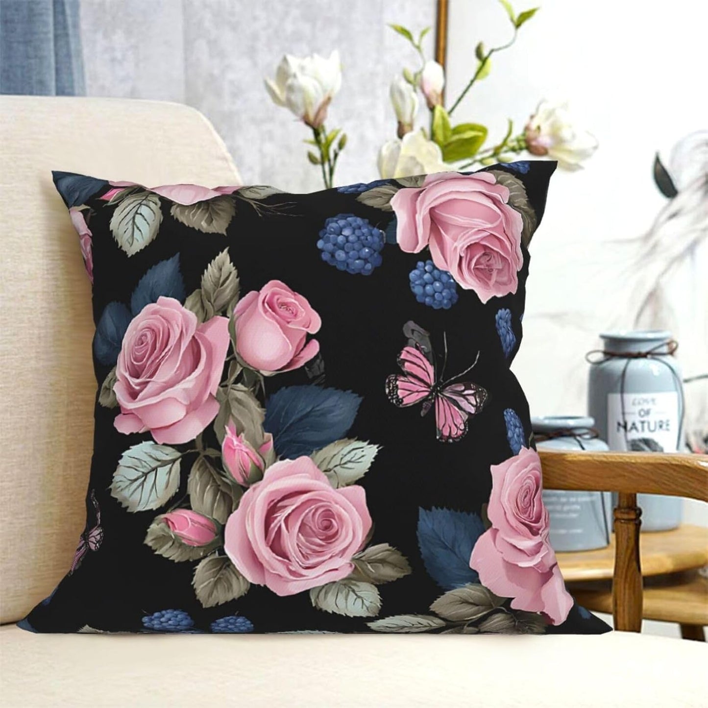 All-Season Square Pillow Covers 18"X18", Black Blackgound Rose, Decorative Throw Pillow Covers For Sofa Bed Couch, Hidden Zipper Cushion Cover, Square Lumbar & Accent Pillowcases For Home Decor