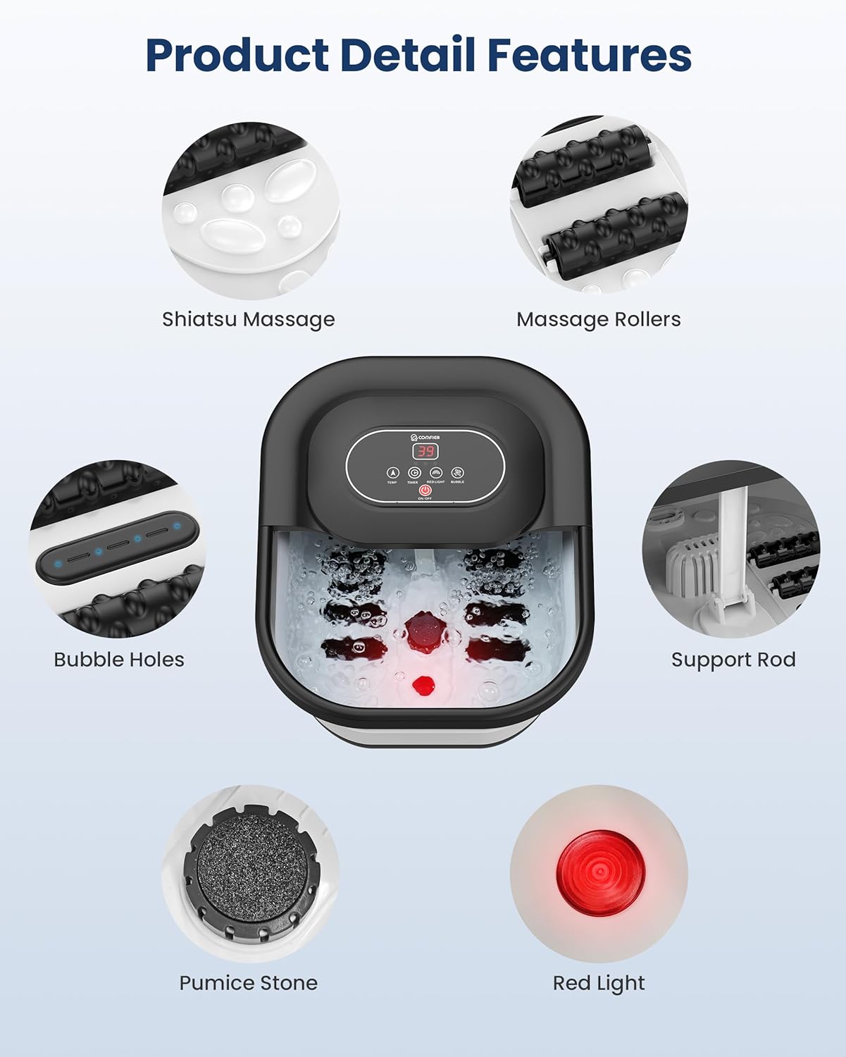 COMFIER Collapsible Foot Spa Bath Massager with Heat, Pedicure Foot Spa with Bubbles, Red Light, Pumice Stone and Shiatsu Massage Rollers, Heated Bath Spa for Relaxation and Stress Relief