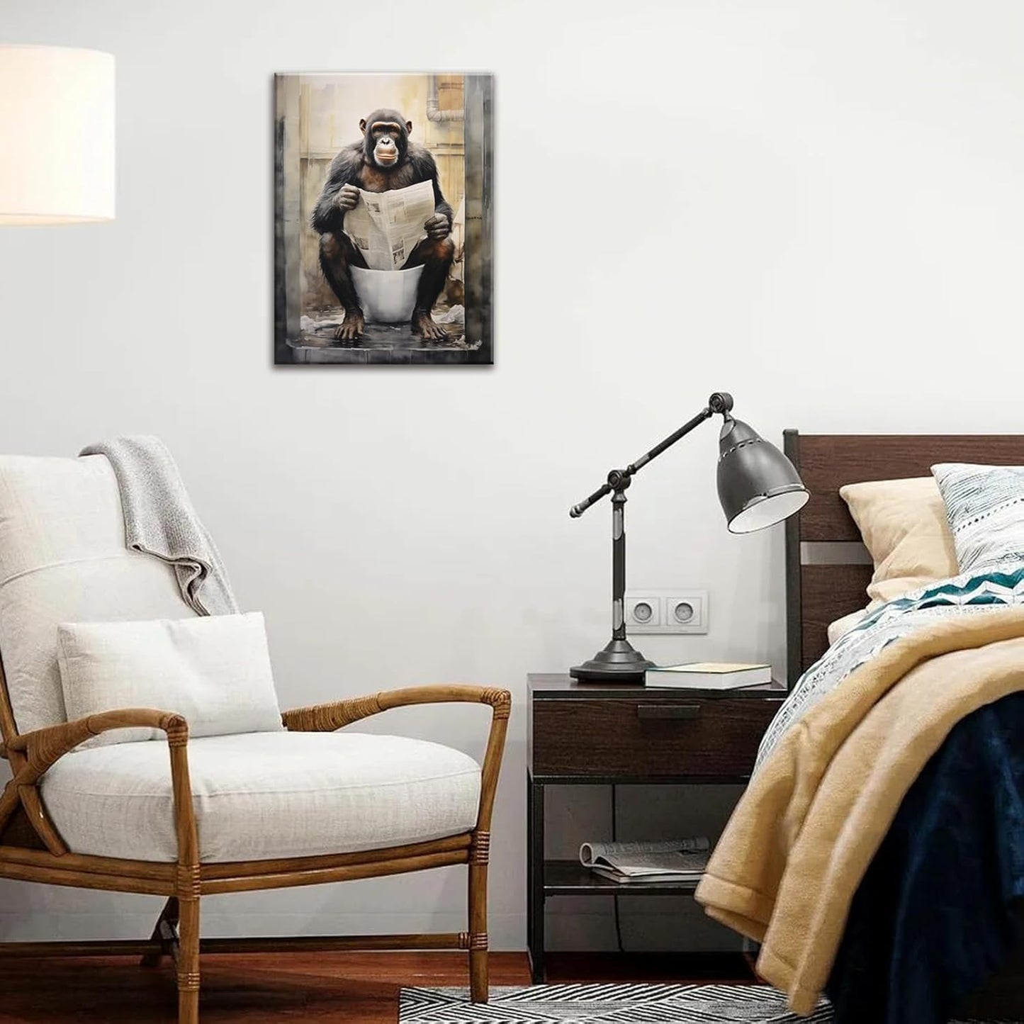 Chimpanzee Framed Wall Art Funny Monkey Reading Newspaper Print Animal Lover Black and WhiteDecor for Bedroom Bathroom Modern Home Office Decoration Framed Ready to Hang 12"x16"