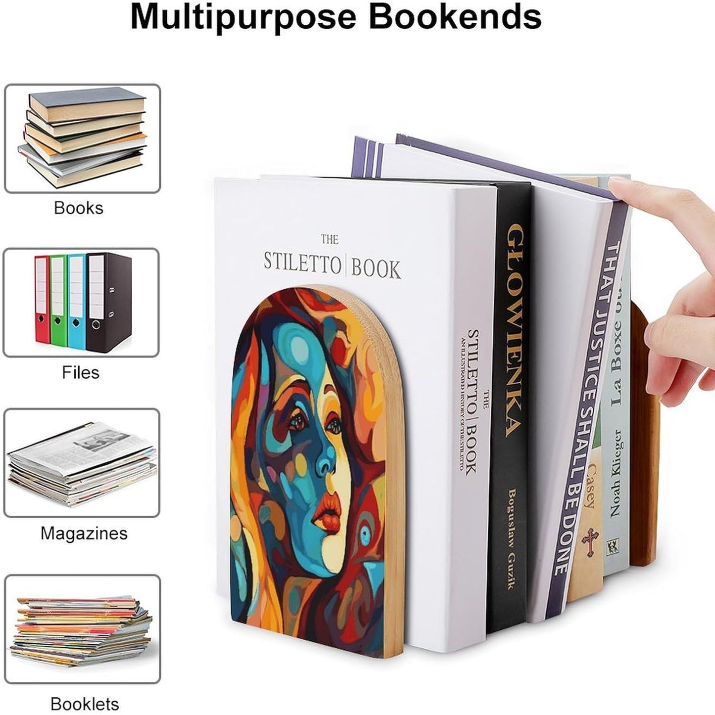 Non-Slip Bookend for Shelves Abstract Colored Woman Face Wooden Bookends with Metal Base Decorative Book Stopper for Home Heavy Duty Wood Book Storage for Books/CDs